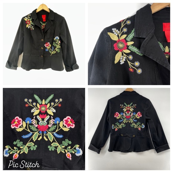 V Cristina Jackets & Blazers - V Cristina Women's M Black Floral Embroidered Denim Jacket Whimsigoth Boho Chic